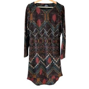 Angie Sz M Knit Tribal Aztec Earth Tones Boho Midi Dress high-Low Long Sleeve